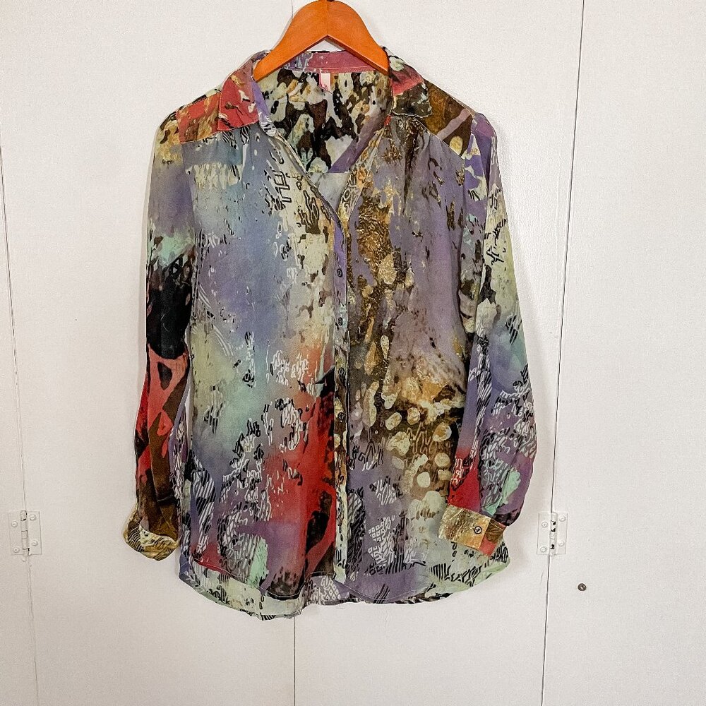 Abstract Multi-Color Sheer Button-Front Blouse